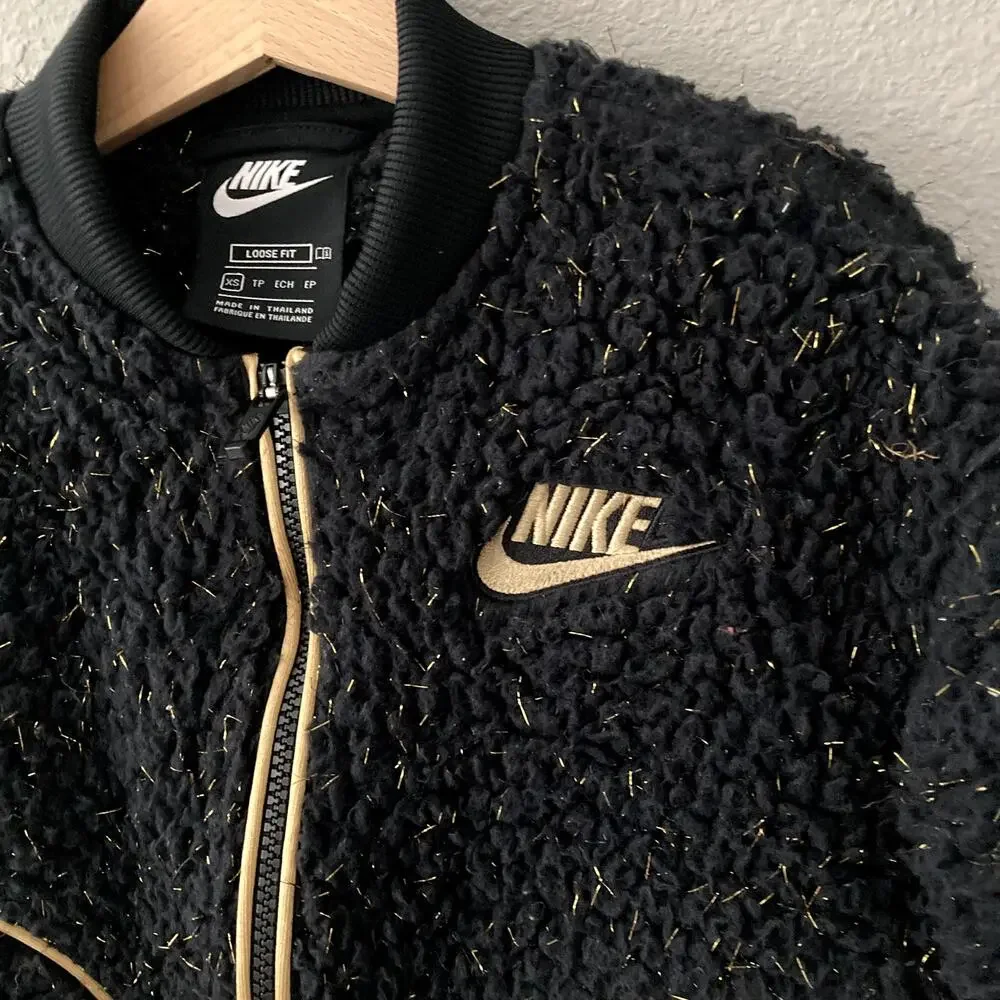 Nike Sherpa Shine Fleece Bomber Jacket - Girls - Black Gold - XS or 4 / 5